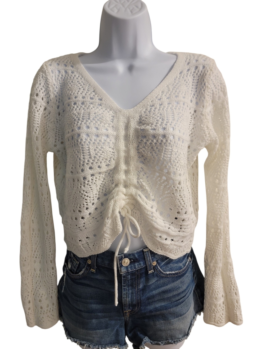 Jolie & Joy White Crochet Knit Sweater Medium Boho Coastal Festival Western